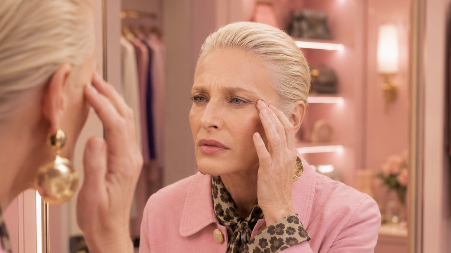 Mature woman examining her skin in a mirror