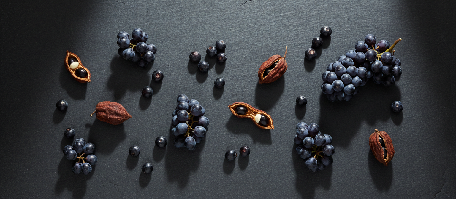 Acai berries and cacao pods on a dark surface